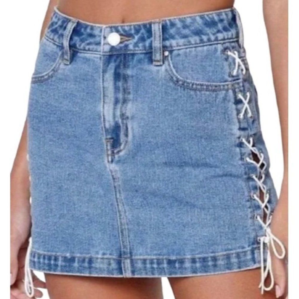 Pacsun Jean Mini Skirt Size 25 Womens Blue Denim Lace Up High Rise Waist Casual